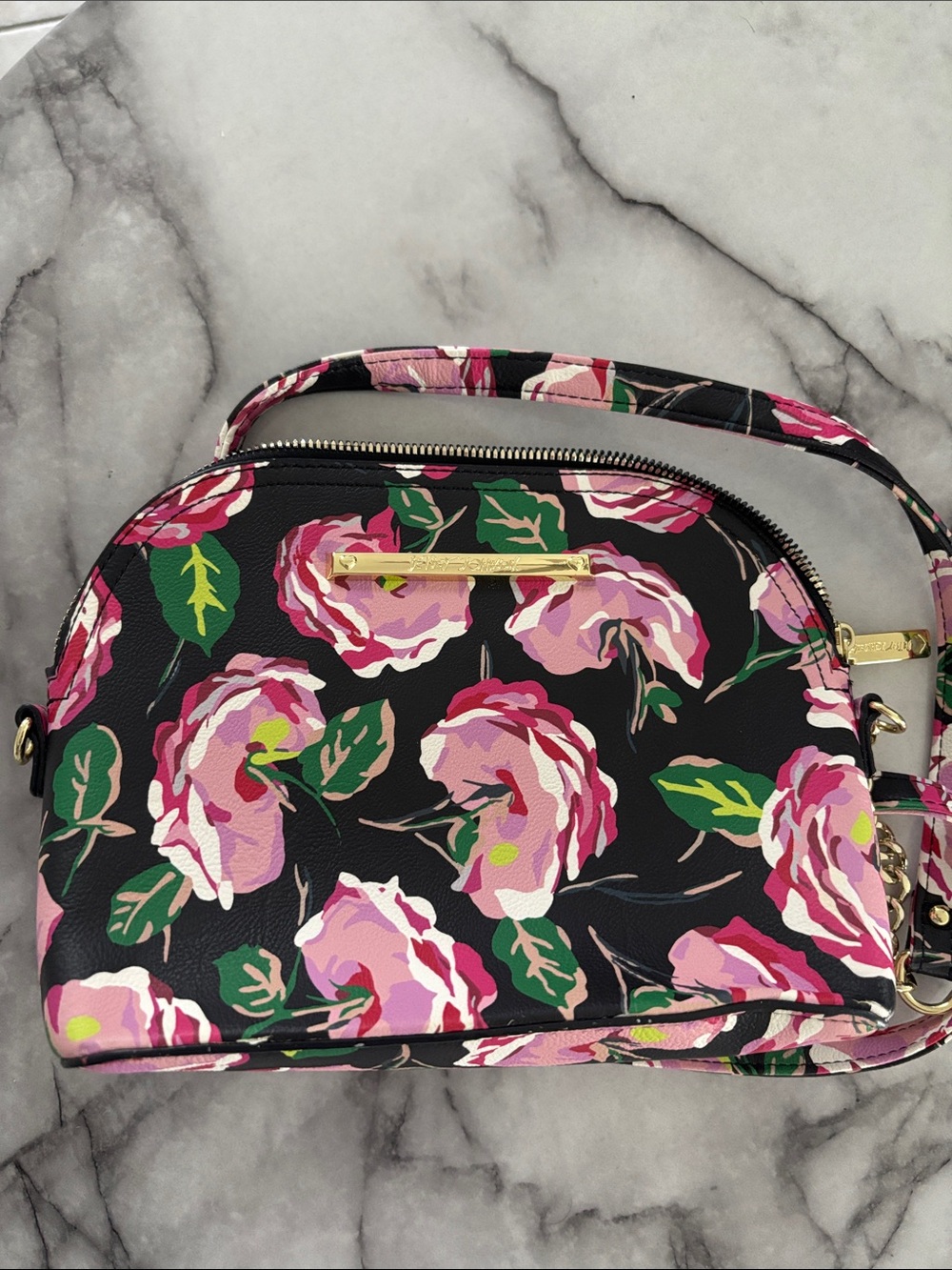 Betsey Johnson Black Crossbody with Pink Floral Print and Green Leaves